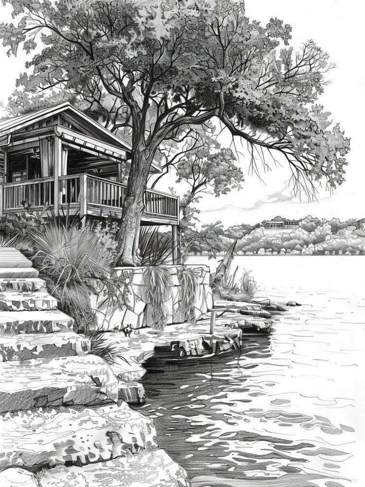 The Oasis On Lake Travis Austin Texas Black And White Drawing 1