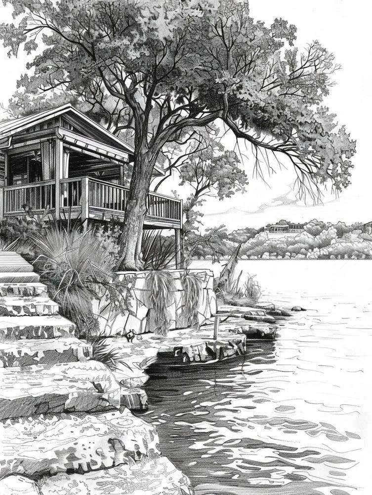 The Oasis On Lake Travis Austin Texas Black And White Drawing 1