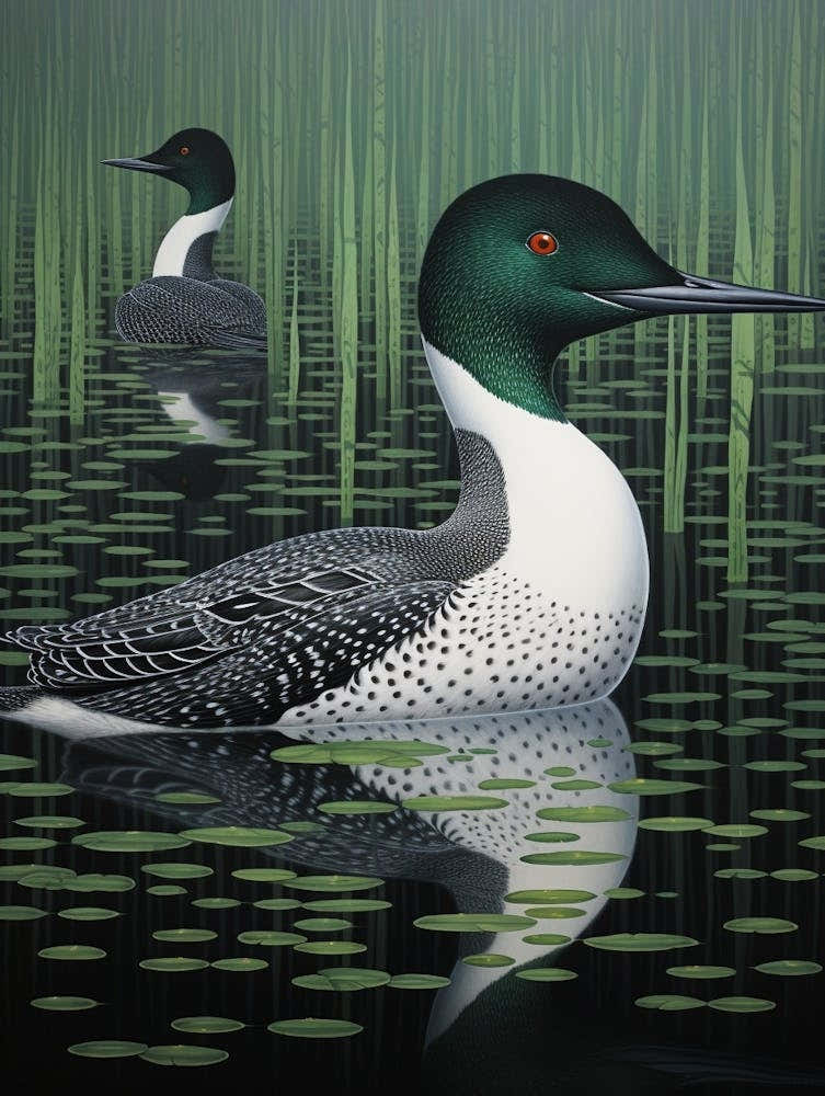 Ohara Koson Inspired Bird Painting Common Loon 3