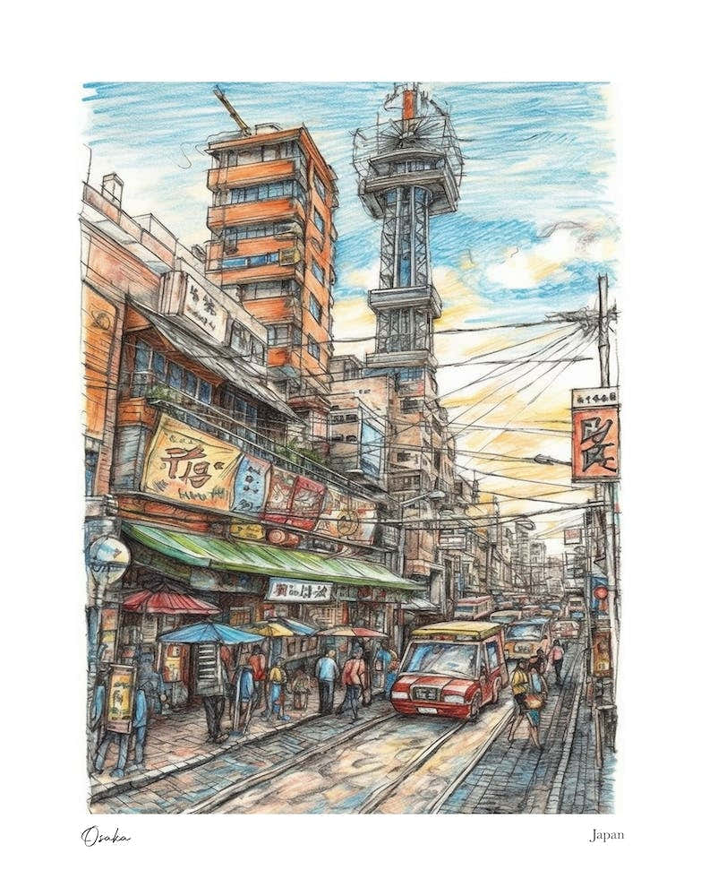 Osaka Japan Drawing Pencil Style 4 Travel Poster