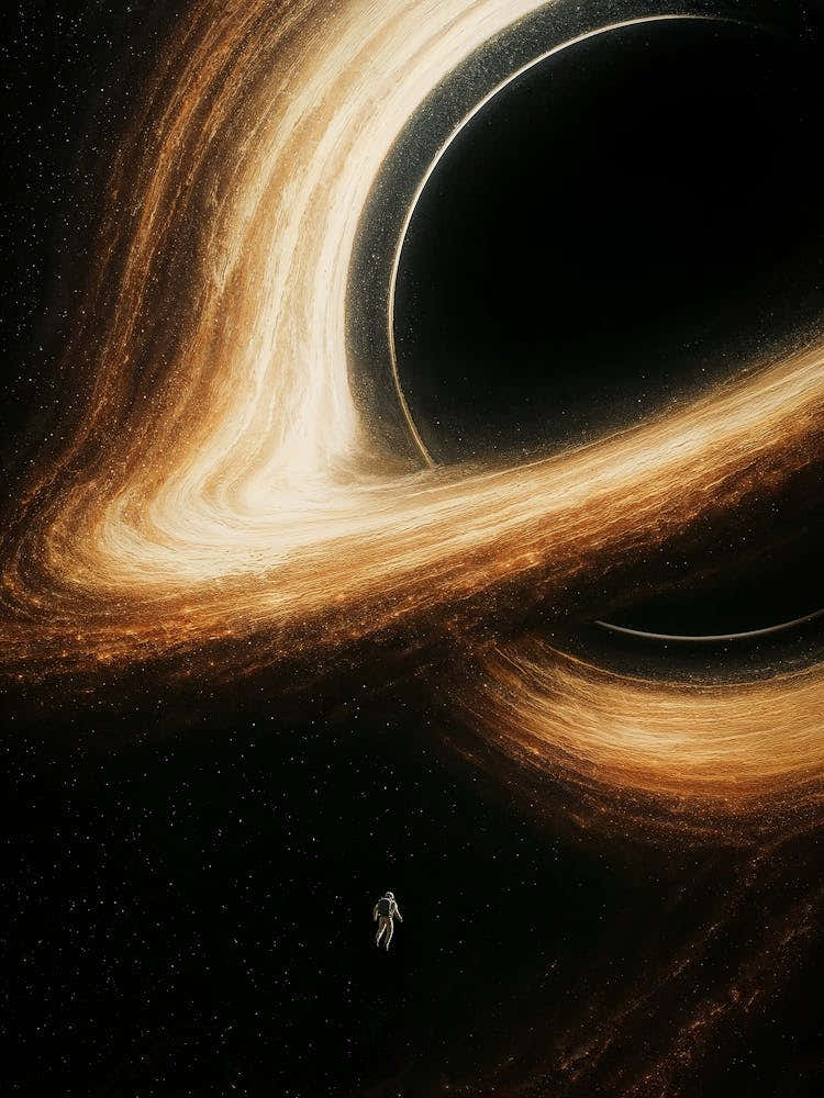 Interstellar Black Hole Gargantua: Explore the depths of space with this Interstellar-inspired poster featuring lonely astronaut Cooper and the awe-inspiring black hole Gargantua. A cosmic blend of stars, galaxy, and sci-fi brilliance from Christopher Nol