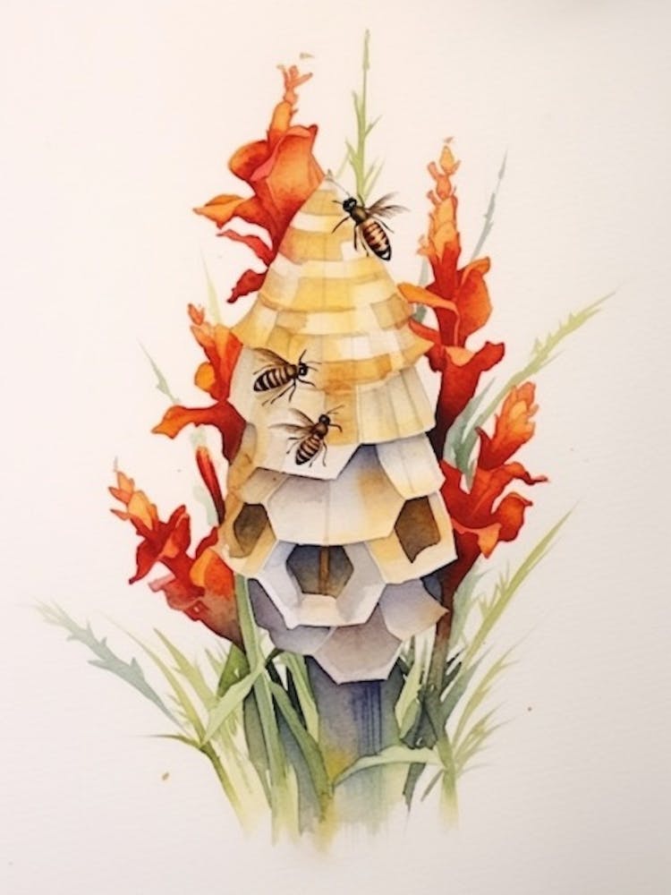 Beehive With Gladioli Watercolour Illustration 1