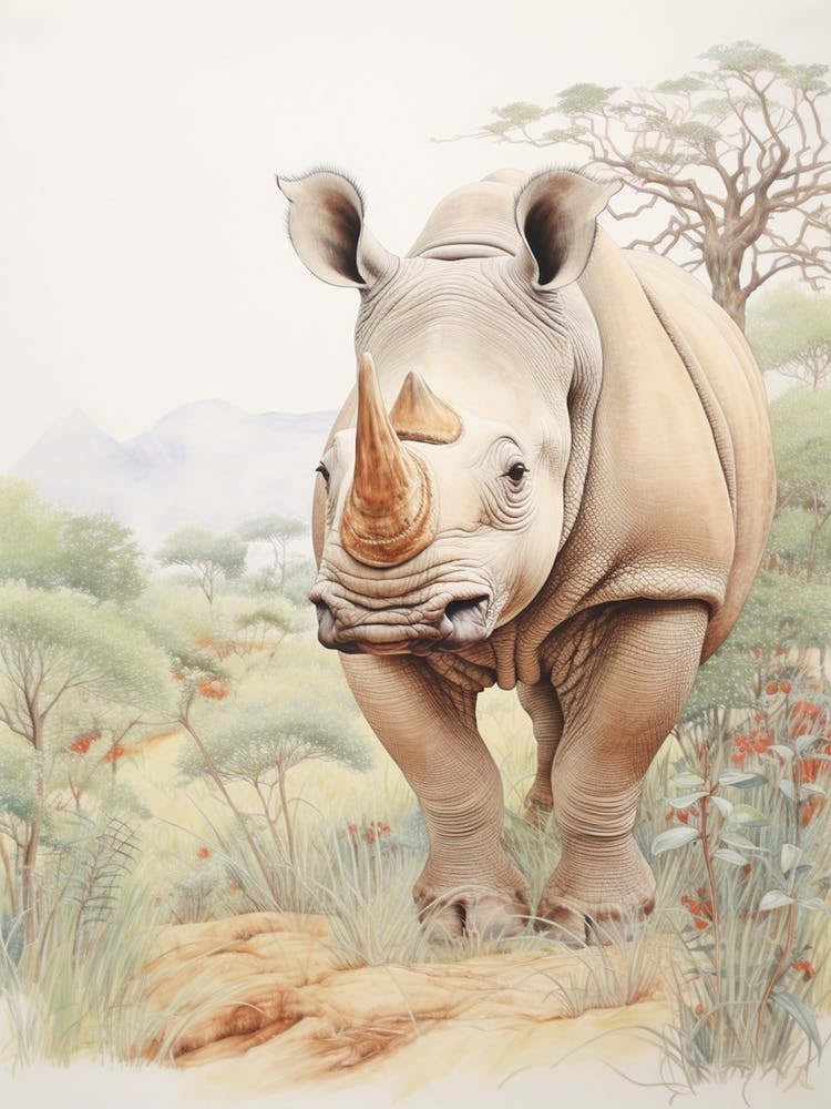 Rhino Walking Through Nature Vintage Illustration 4