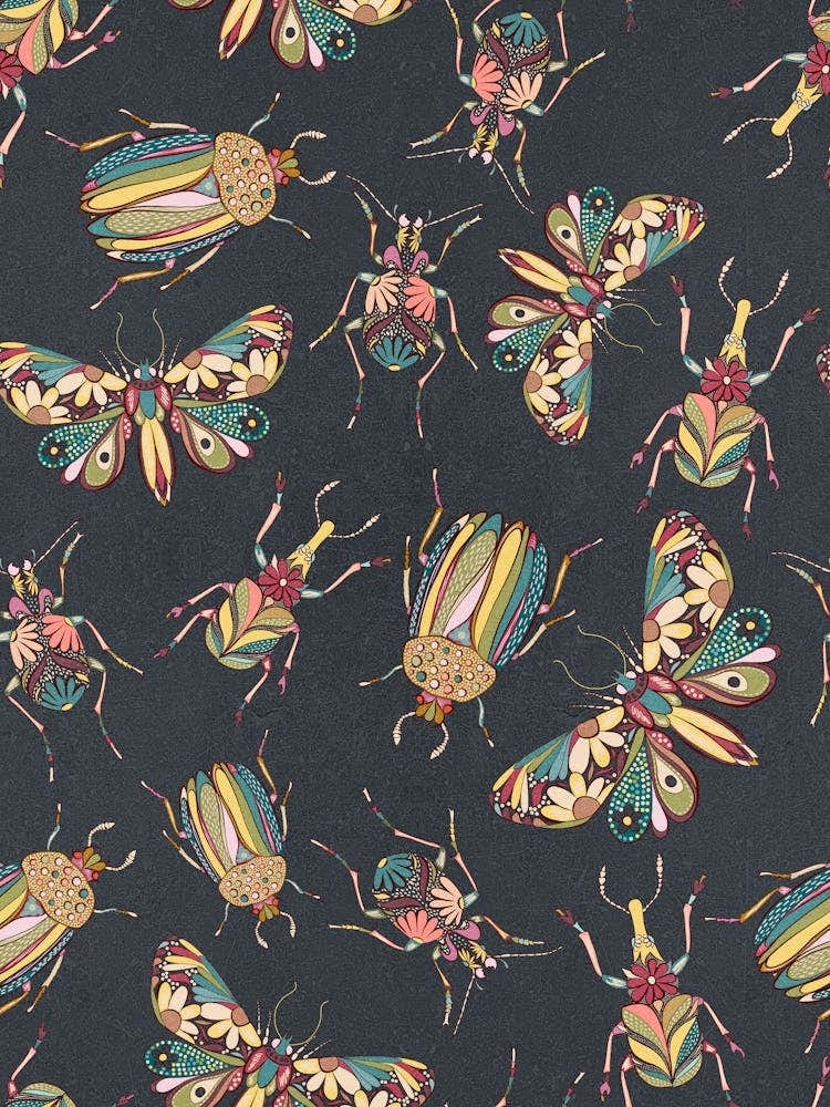 Floral Doodle Bug Butterfly pattern on black