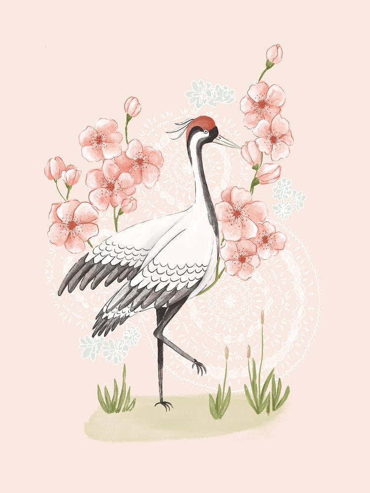 Japanese crane with pink cherry blossoms