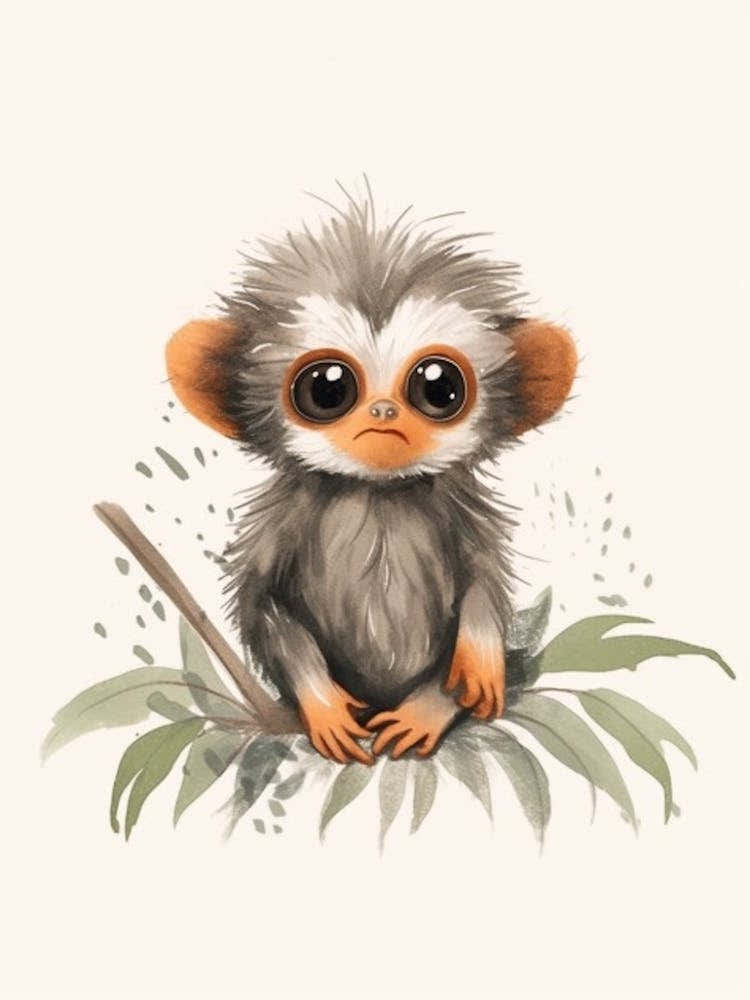 Watercolour Jungle Animal Baby Marmoset 1