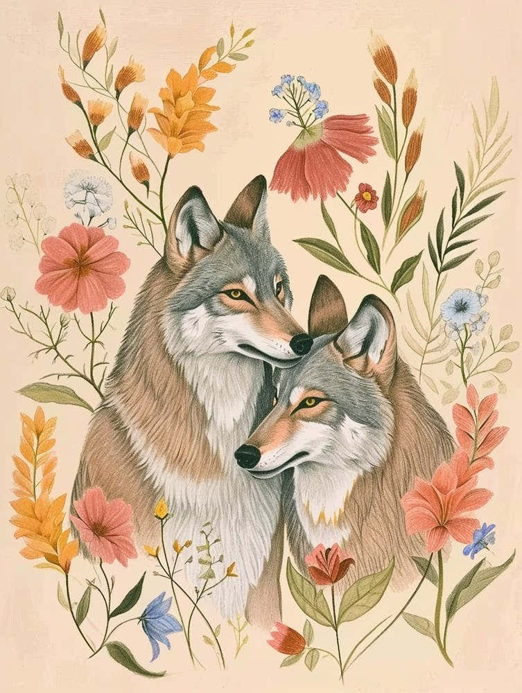 Folksy Floral Animal Drawing Wolf 4