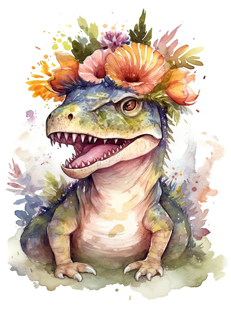 Spinosaurus With A Crown Of Flowers Cute Dinosaur Watercolour 1