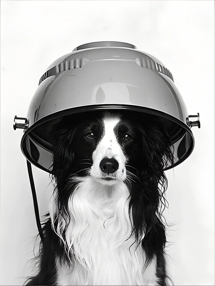 A Long Haired Border Collie With Black And White Fur Is Sitting Under The Hood Of An Electric Style Hair Dryer In Front Of A Beauty Salon Stand The Dryer Completely Covering Its Head With Long Thick Curly Hair Sticking Out From Bel