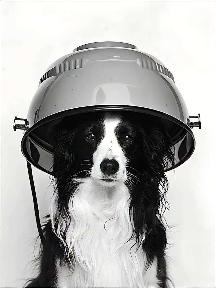 A Long Haired Border Collie With Black And White Fur Is Sitting Under The Hood Of An Electric Style Hair Dryer In Front Of A Beauty Salon Stand The Dryer Completely Covering Its Head With Long Thick Curly Hair Sticking Out From Bel