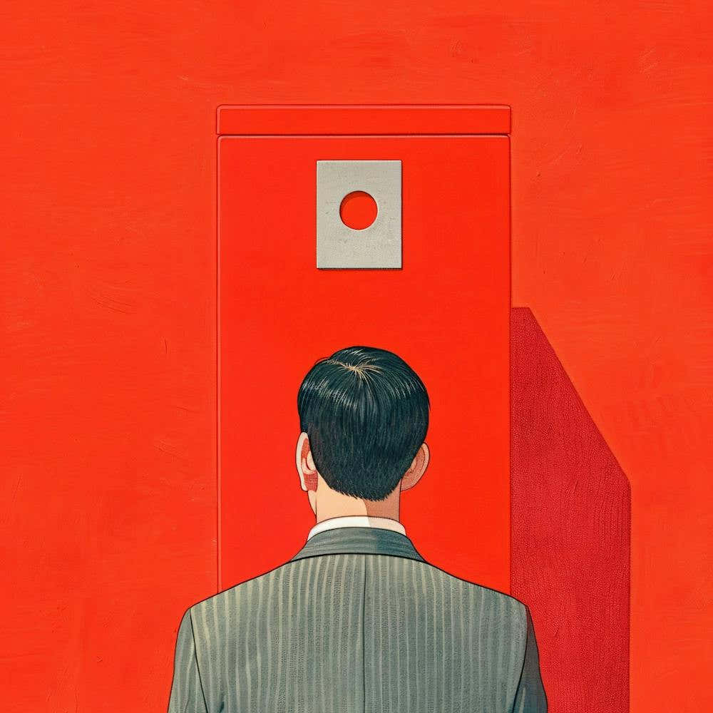 Man Looking At Red Door