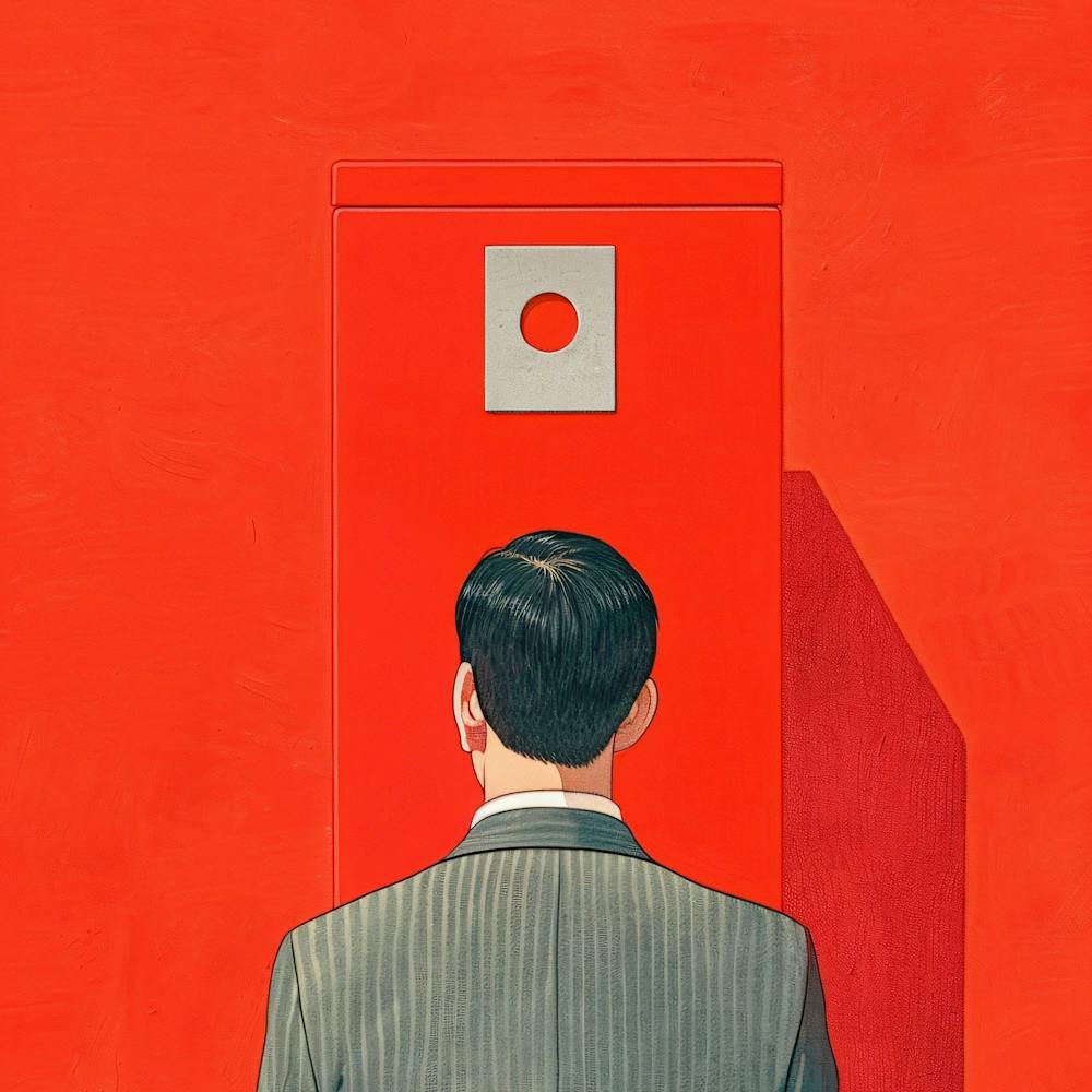 Man Looking At Red Door