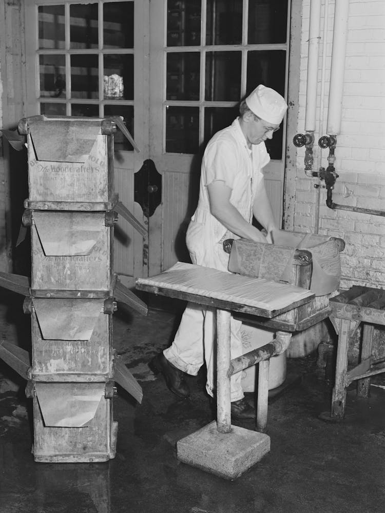 Lining Tub With Oiled Paper Before Packing Butter Into It, Dairymen S Cooperative Creamery, Caldwell