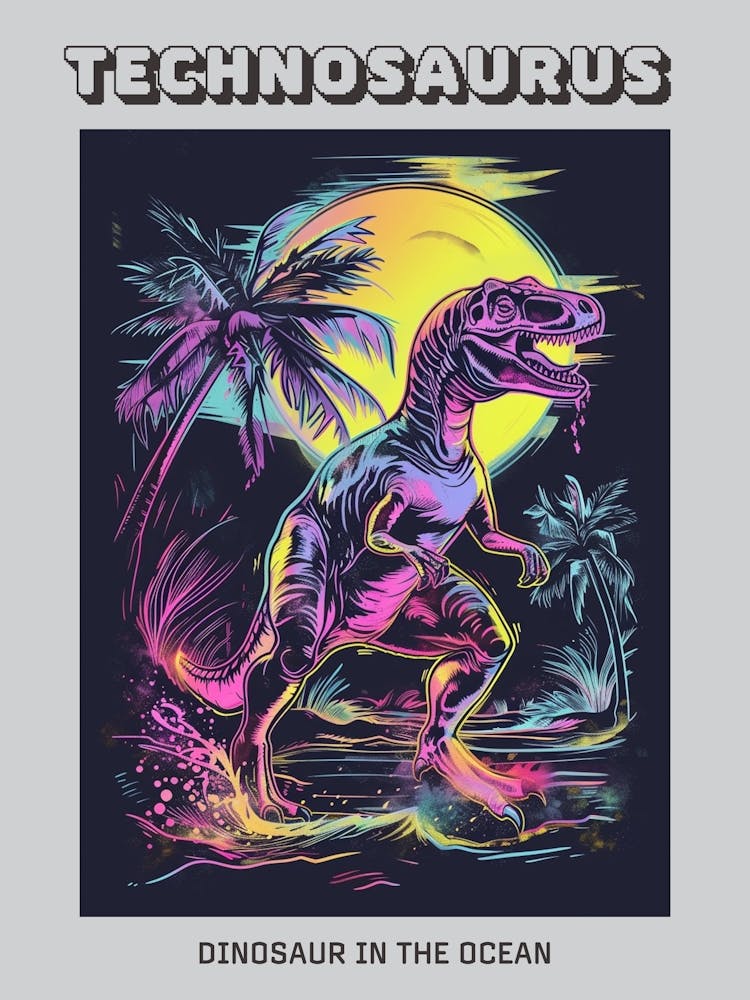 Black & Neon Dinosaur At Night In The Ocean Poster