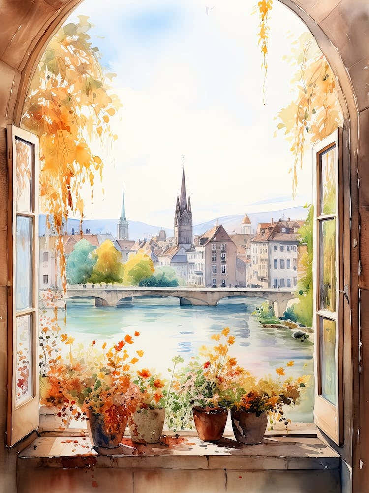 Window View Of Zurich Switzerland In Autumn Fall, Watercolour 4