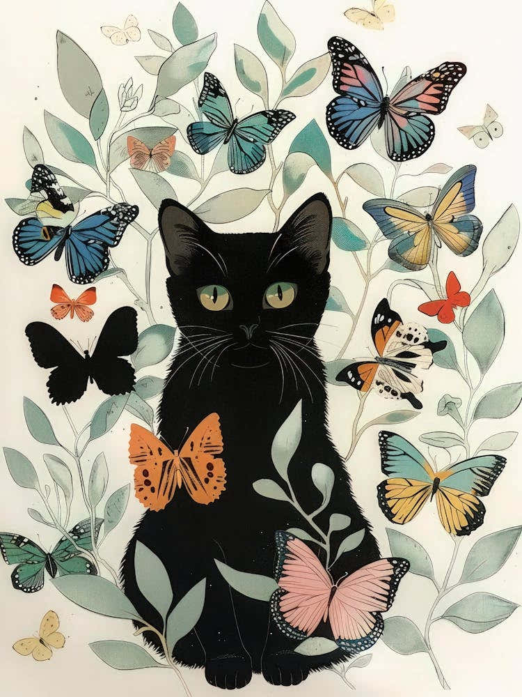 Cat Print Vintage Butterfly Illustration Black Cat Funny