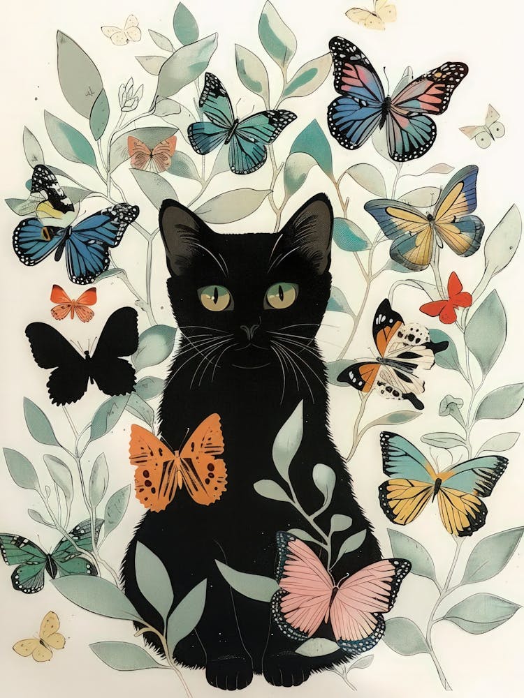 Cat Print Vintage Butterfly Illustration Black Cat Funny