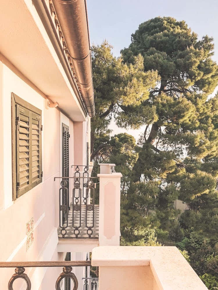 Puglia, Italy I Photography of an Italian seaside villa at sunset pastel light between architecture and Mediterraneannature with majestic pine trees and the soft summer light of the Amalfi coast