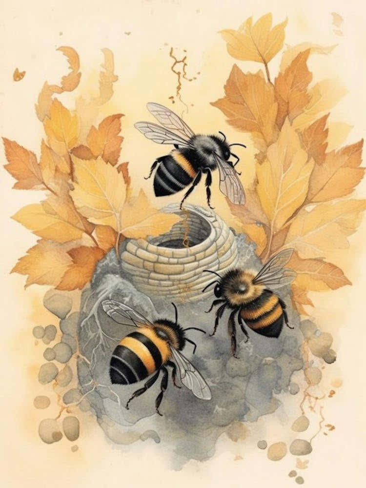 Black And Gold Bumble Bee Beehive Watercolour Illustration 4