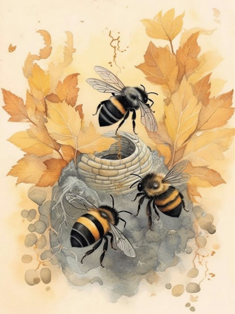 Black And Gold Bumble Bee Beehive Watercolour Illustration 4