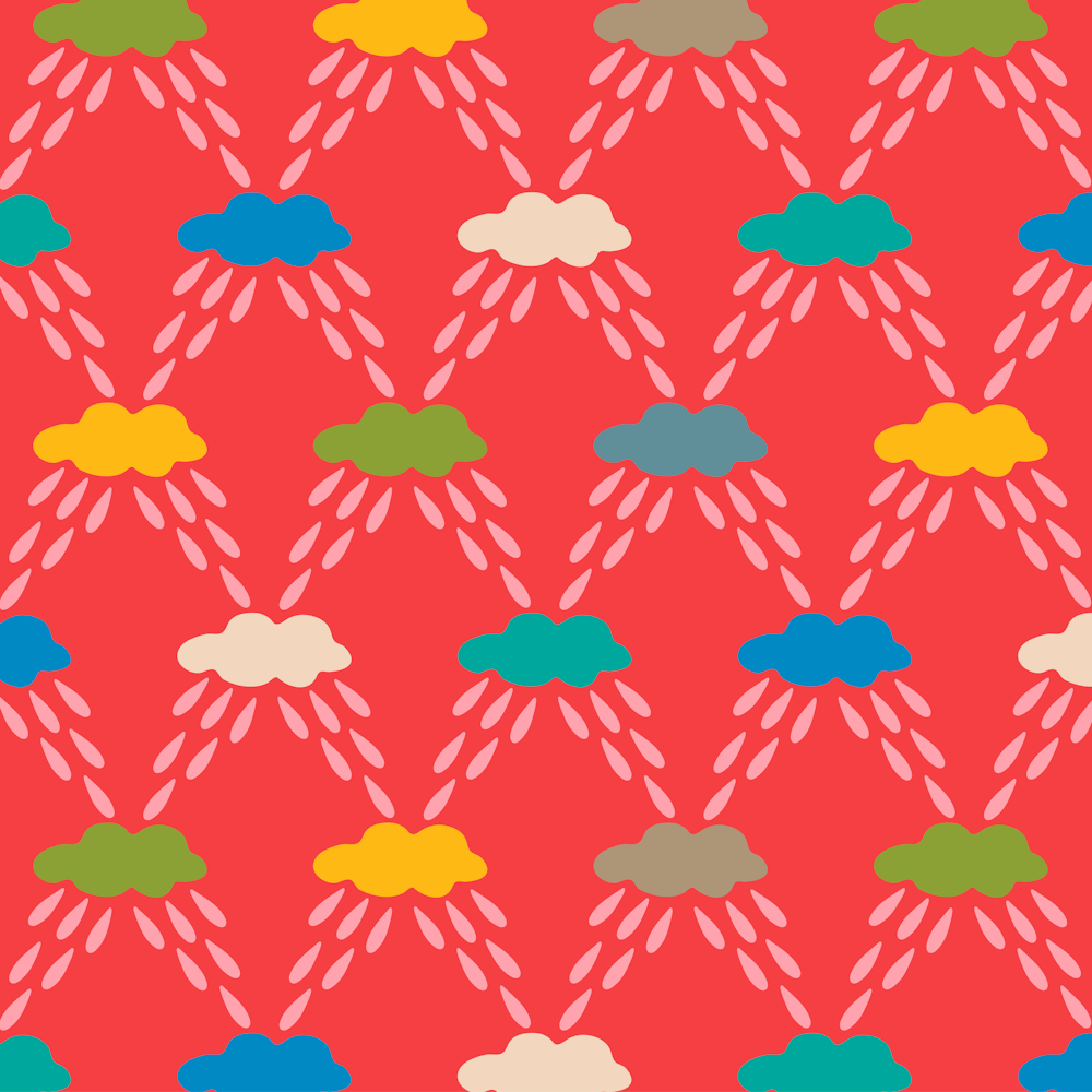 CLOUDBURST Outdoor Weather Rain Drops and Clouds in Bright Rainbow Multi-Colours on Red