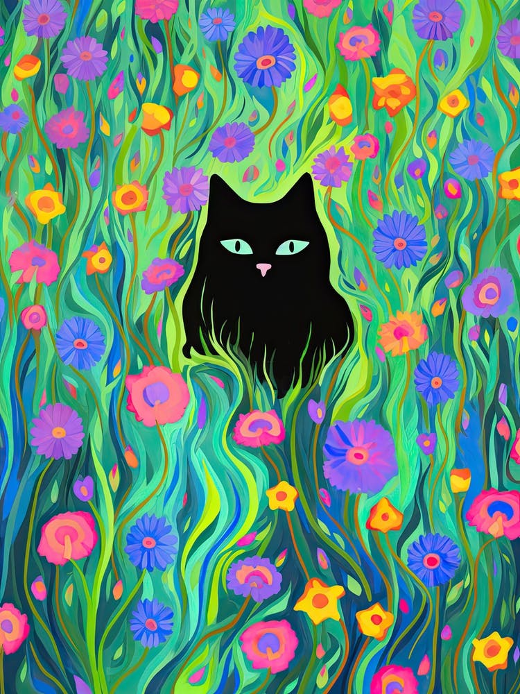 Black Cat In A Flower Field Psychadelic Colourful Painting