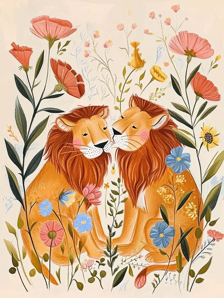 Folksy Floral Animal Drawing Lion
