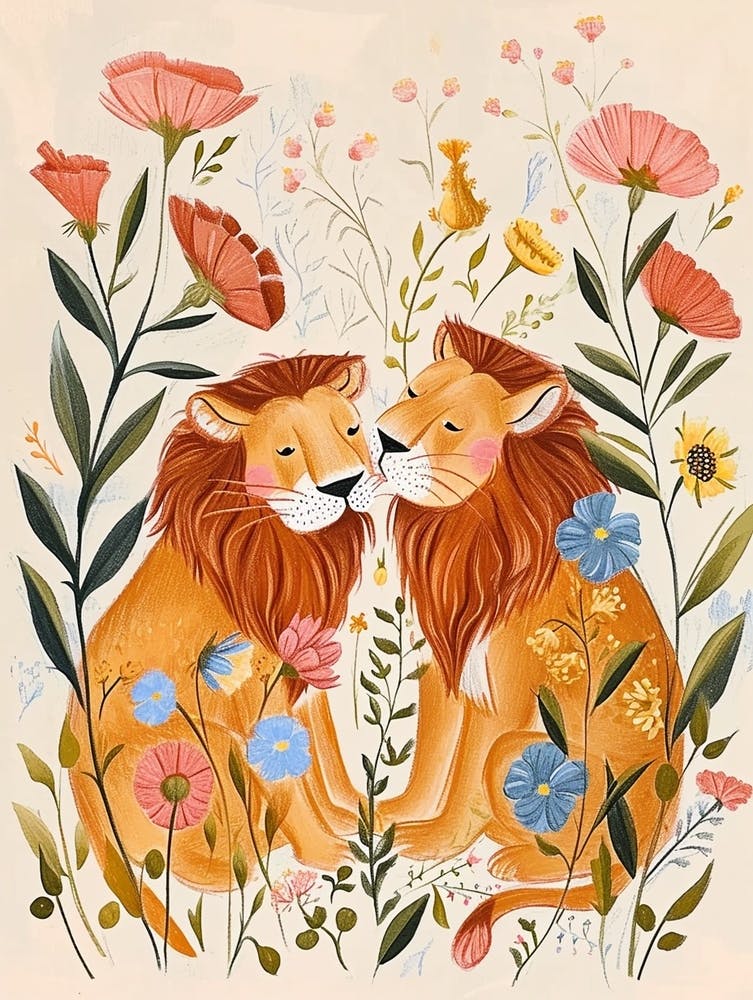 Folksy Floral Animal Drawing Lion