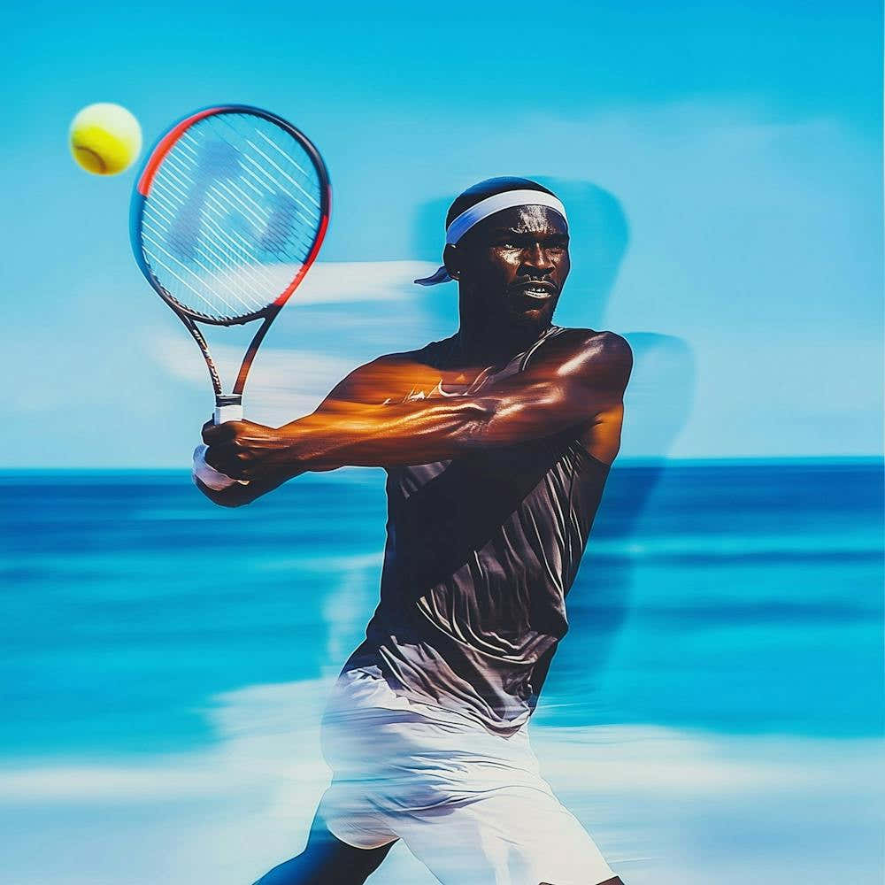 An African Beach Tennis Player Mid Serve, With A Perfect Follow Through Pose, Racket Motion Blur, Ball Highlighted Against The Blue Ocean Horizon