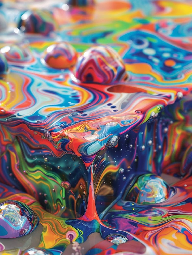 Colorful Marbled Glass, On Top Of An Ice Cream Box Filled To The Brim And Overflowing With Colorful Liquid That Has Spread Out All Over The Table