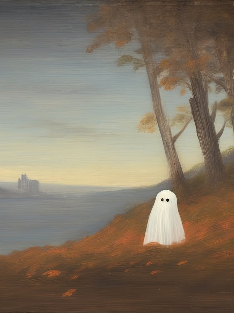 Cute Ghost Autumn Fall Castle Landscape, Halloween Spooky 2