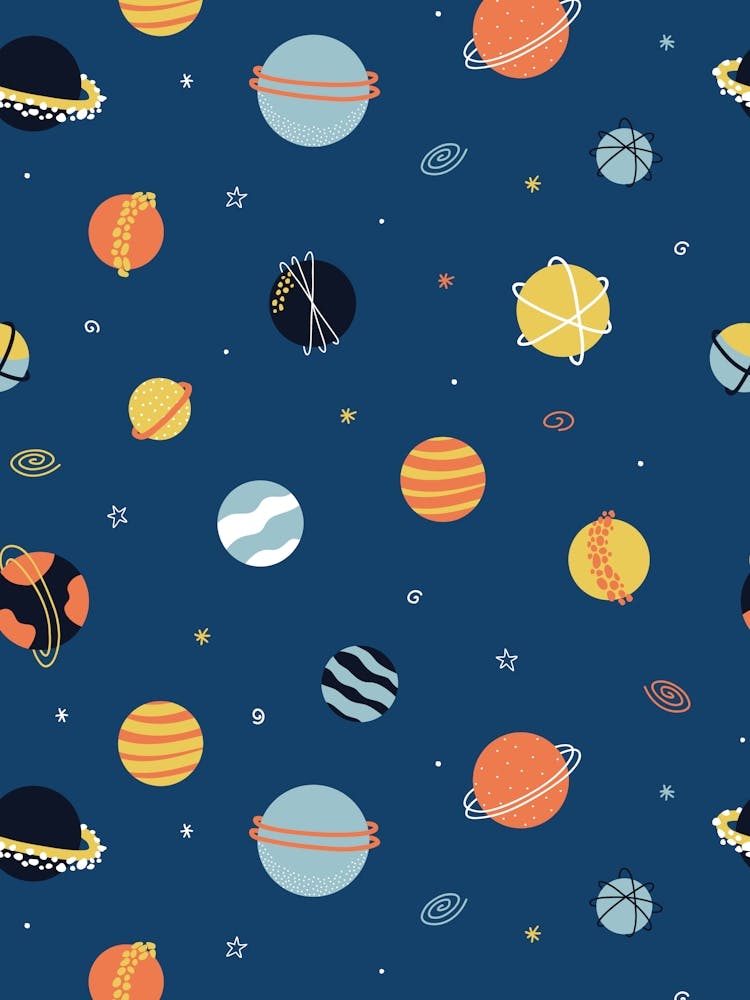 Scattered Planets, Stars, and Galaxies Multicolor on Navy Blue