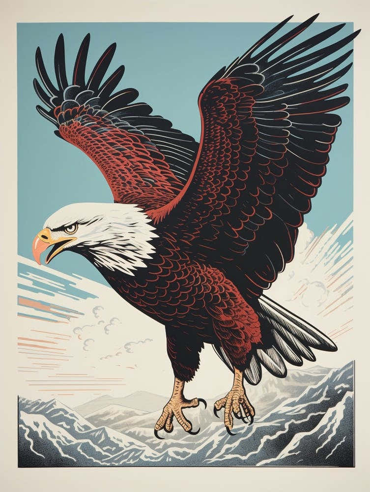 Vintage Bird Linocut Bald Eagle 3