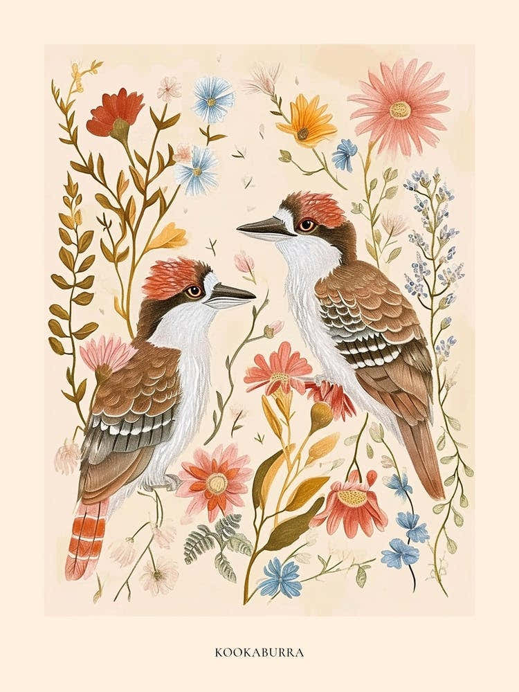 Folksy Floral Animal Drawing Kookaburra 2 Poster
