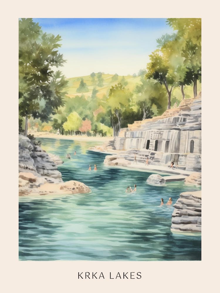 Swimming In Krka Lakes National Park Croatia Watercolour Poster
