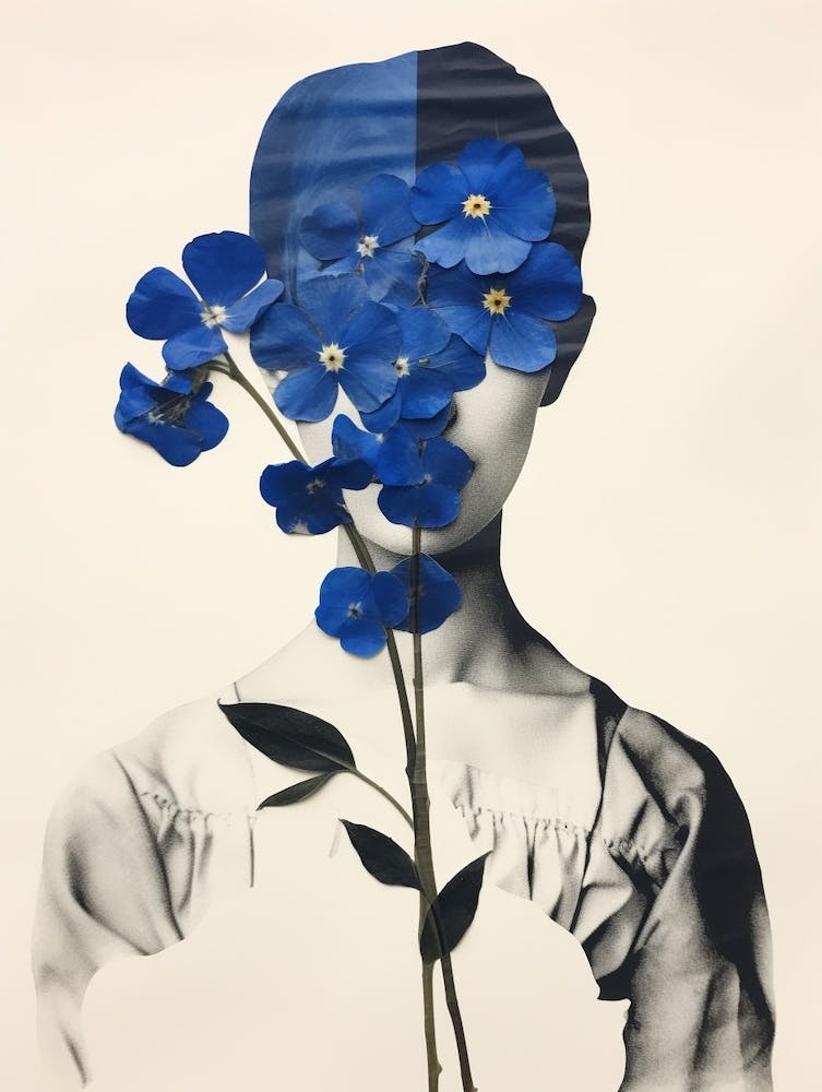 Woman With Forget Me Nots Blue Botanical Illustration