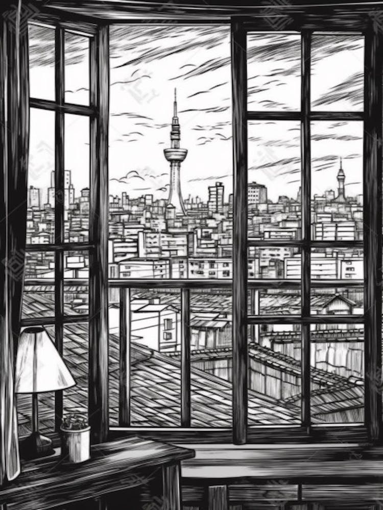 A Window View Of Tokyo In The Style Of Black And White  Line Art 4