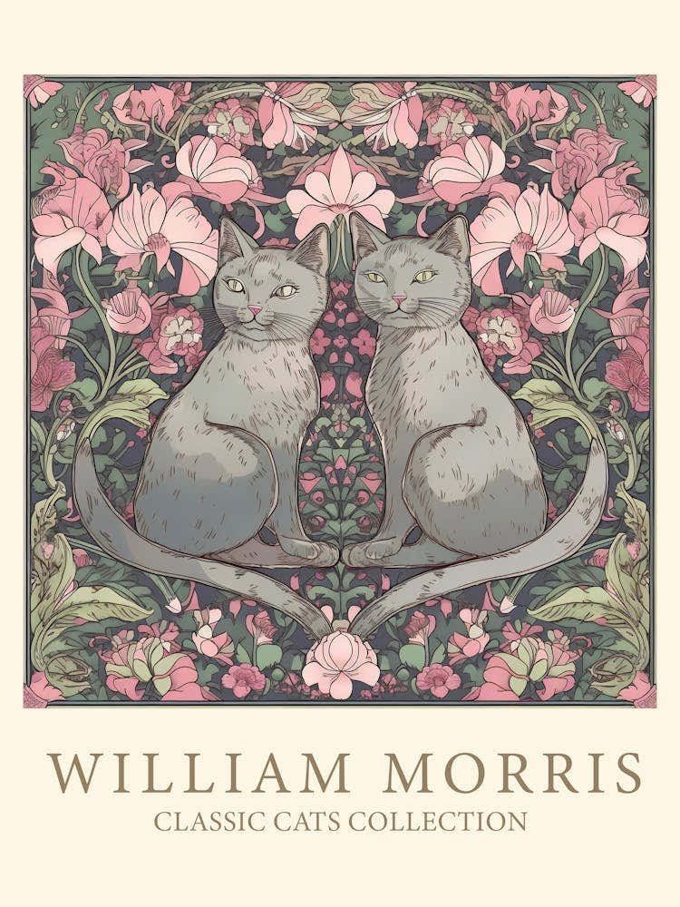 William Morris  Inspired  Classic Cats Grey Pink And Green