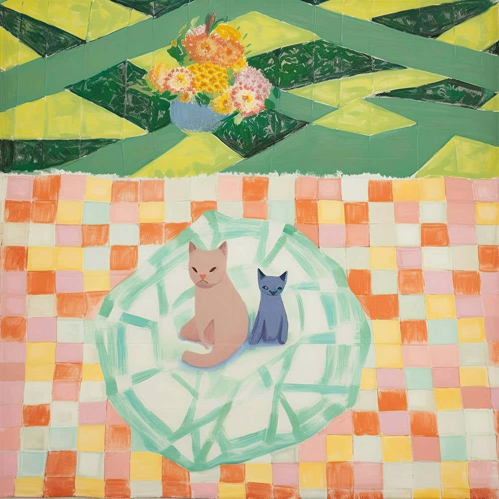Pastels Cats In A Picnic Blanket