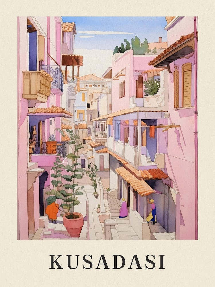 Kusadasi Turkey 2 Vintage Pink Travel Illustration Poster