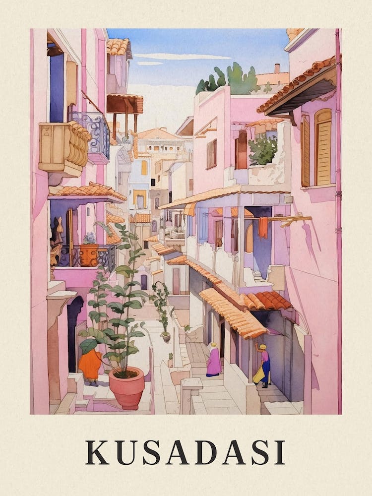 Kusadasi Turkey 2 Vintage Pink Travel Illustration Poster