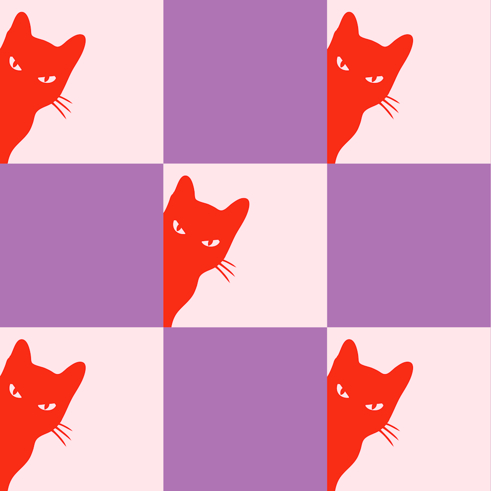 Playful Checker Board Cat Peeping Pattern 6 In Funky Purple Coral Red 02