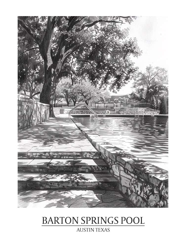 Barton Springs Pool Austin Texas Black And White Drawing 3 Poster