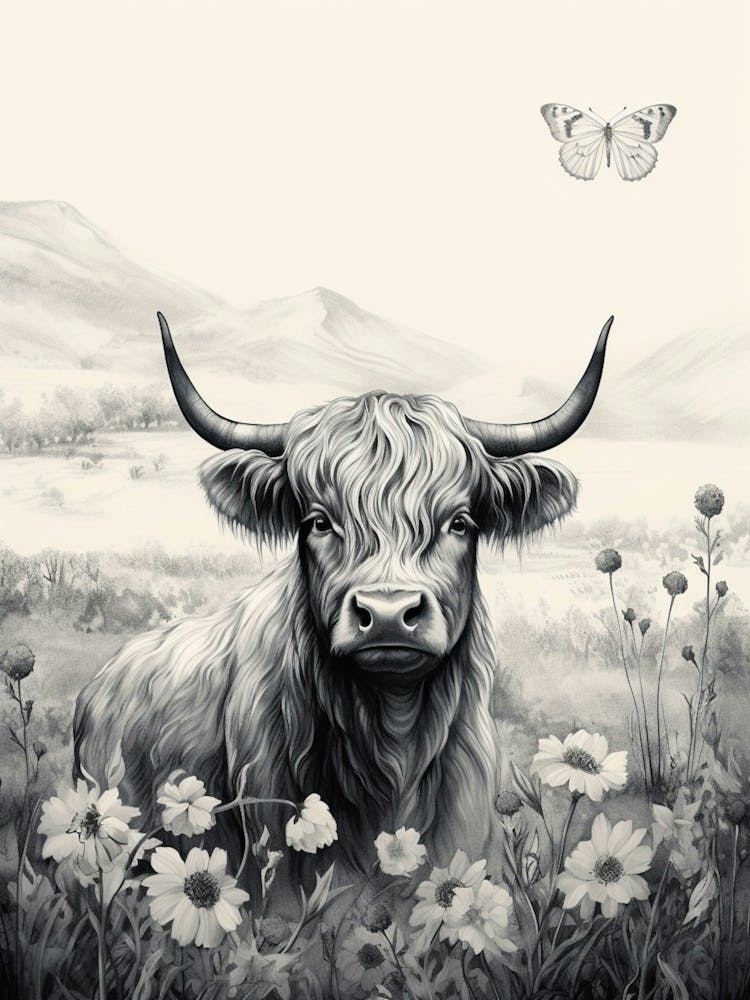 Black & White Illustration Of Highland Cow With Butterfly