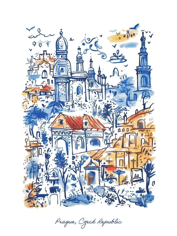 Prague Illustration Line Art Czech Republic Travel Blue