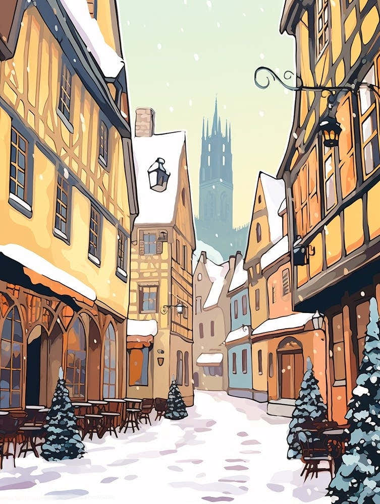 Vintage Winter Travel Illustration Colmar France 1