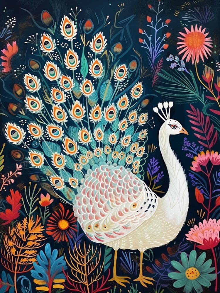 White Floral Folky Peacock 2