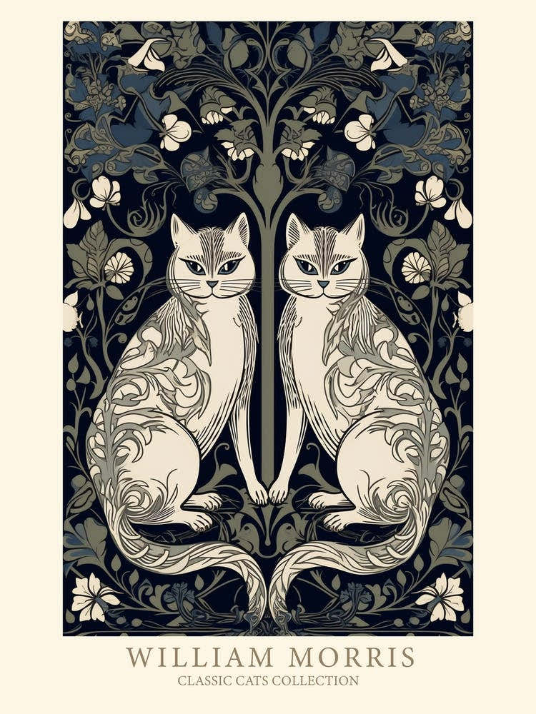 William Morris  Inspired  Classic Cats Blue Floral
