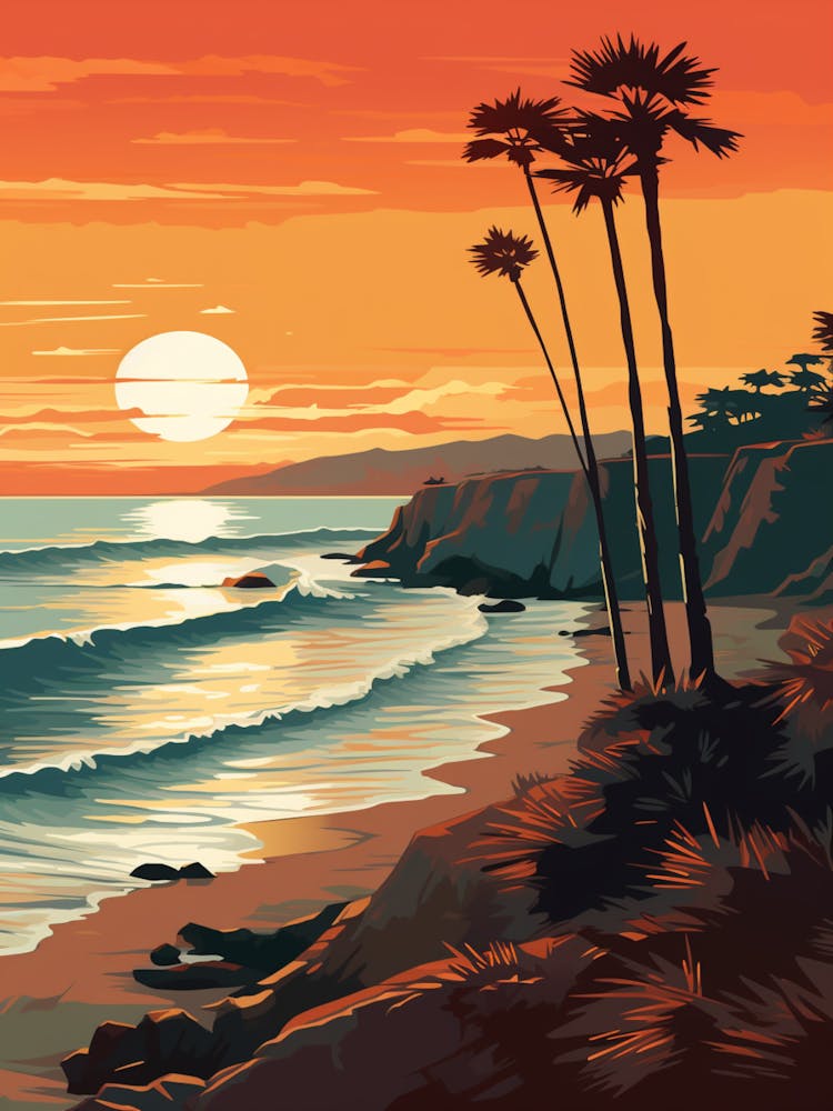 Malibu Beach California At Sunset, Vibrant Painting 1
