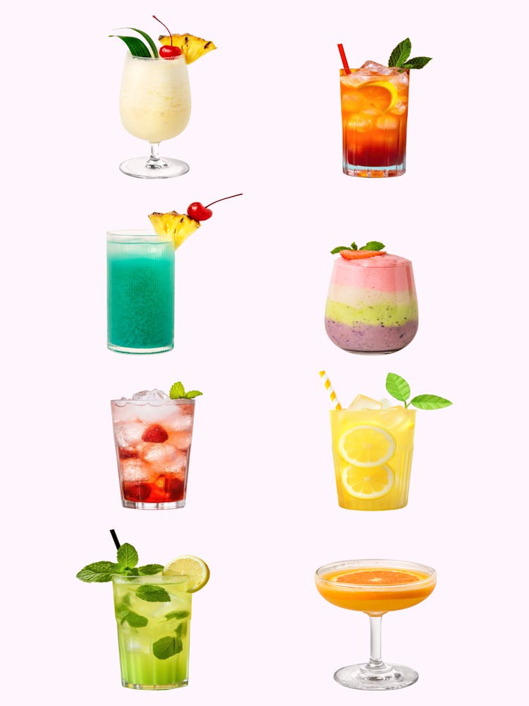 Various Cocktails On A White Background
